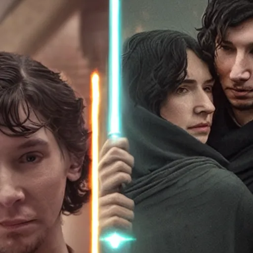 Prompt: Rey and Kylo Ren, family photo, portrait, loving couple