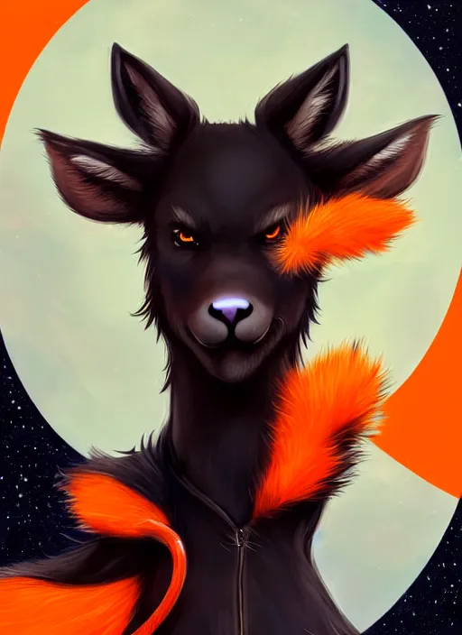 Image similar to award winning beautiful portrait commission of a male furry anthro Black Reindeer fursona with a tail, wings and a cute beautiful attractive detailed furry face wearing stylish black and orange galaxy clothes in a outerspace city at night while it rains. Character design by charlie bowater, ross tran, artgerm, and makoto shinkai, detailed, inked, western comic book art