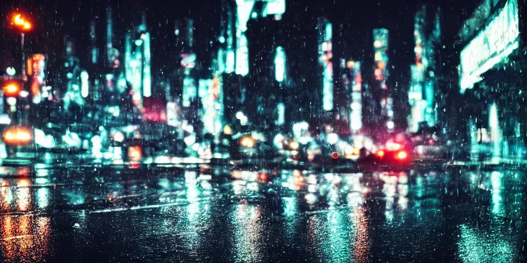 Image similar to a city street at night, raining, photograph, cars on the road, cyberpunk, sharp focus