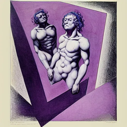 Image similar to purple and blue lithography on paper conceptual figurative ( post - morden ) monumental dynamic portrait drawn by ( ( ( william blake ) ) ) and goya and hogarth, inspired by escher, illusion surreal art, highly conceptual figurative art, intricate detailed illustration, controversial poster art, polish poster art, geometrical drawings, no blur