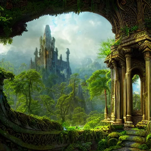 Image similar to a beautiful and highly detailed matte painting of an epic palace in a lush garden in a beautiful forest, carved celtic stone runes, psychedelic colors, intricate details, epic scale, insanely complex, hyperdetailed, artstation, cgsociety, 8 k, sharp focus, hyperrealism, by caspar friedrich, albert bierstadt, james gurney, brian froud,