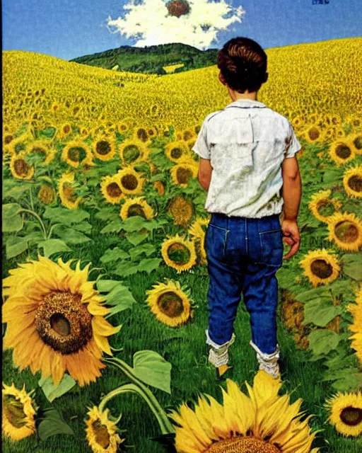 Image similar to boy standing on a hill looking down into the valley of sunflower fields, hills, cliffs, yellow sunflowers flower boy album cover by norman rockwell