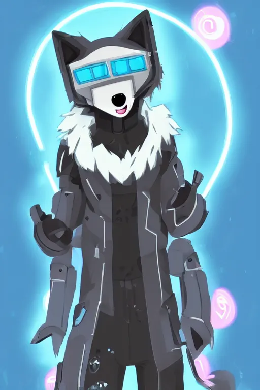 Image similar to a cute cyberpunk anthropomorphic wolf with light blue fur and a fluffy tail, comic art, trending on furaffinity, cartoon, kawaii, backlighting, furry art!!!, cel shading, concept art, lineless