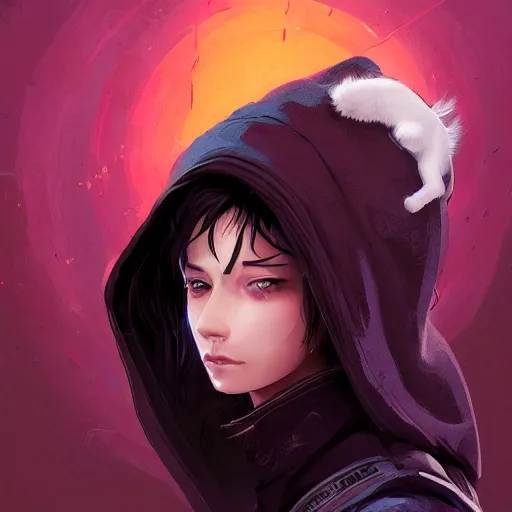 Image similar to a pale skinny white young girl with black hair, the hime cut, 1 8, in a black hoodie, and a cat, apex legends character, digital illustration portrait design, by android jones and greg rutkowski, retrowave color scheme, detailed, cinematic lighting, wide angle action dynamic portrait