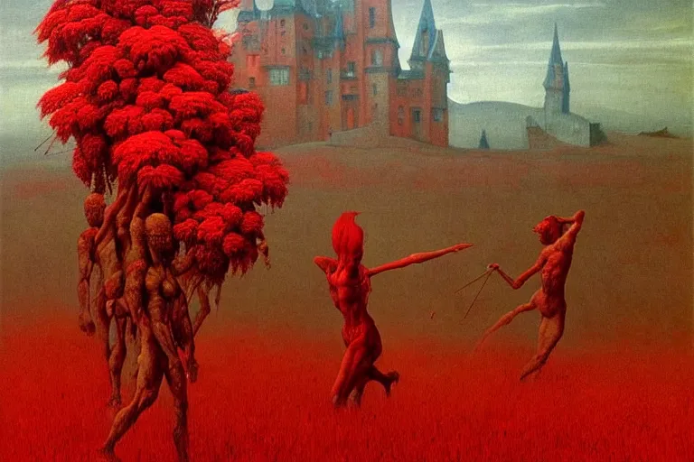 Image similar to only with red, red flowers of different types, a red tiger, a castle in the background, medieval demons dance over the flowers, an ancient path, in the style of beksinski, part by hopper, part by rodcenko, part by hofbauer, intricate composition, red by caravaggio, insanely quality, highly detailed, masterpiece, red light, artstation