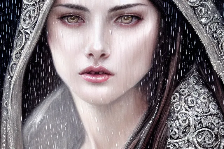 Prompt: highly detailed portrait of a beautiful girl in the rain with wet dark hair and pale skin, ornate elegant silver robes, fantasy, intricate, elegant, dramatic lighting, emotionally evoking symbolic metaphor, highly detailed, lifelike, photorealistic, digital painting, artstation, concept art, smooth, sharp focus, illustration, art by John Collier and Albert Aublet and Krenz Cushart and Artem Demura and Alphonse Mucha