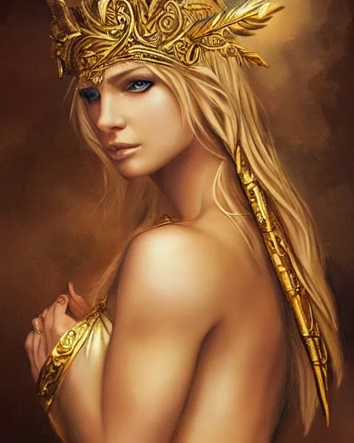 Image similar to tattoo sketch of hot blonde super model as aphrodite greek goddess wearing a gold laurel wreath and triangle earrings, beautiful piercing gaze with sharp pupils, in the style of greg rutkowski, fantasy, amazing detail, epic, elegant, smooth, sharp focus, front view