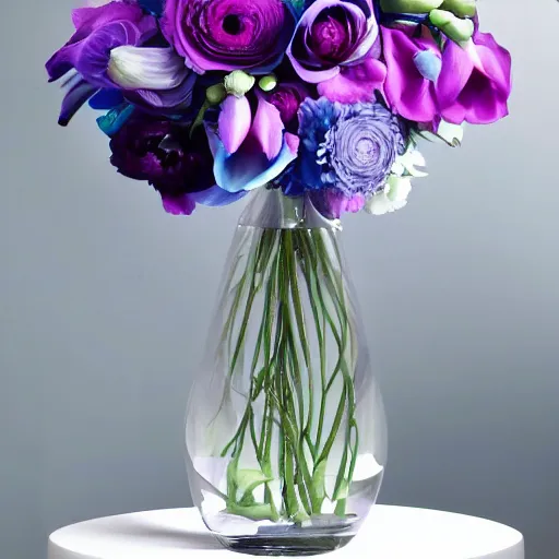 Prompt: blue and purple genetically modified blend of rose lily carnation orchid ranunculus!!! anenome, floral arrangement in futuristic!! vase made of mother of pearl, architectural digest, year 2 3 0 0