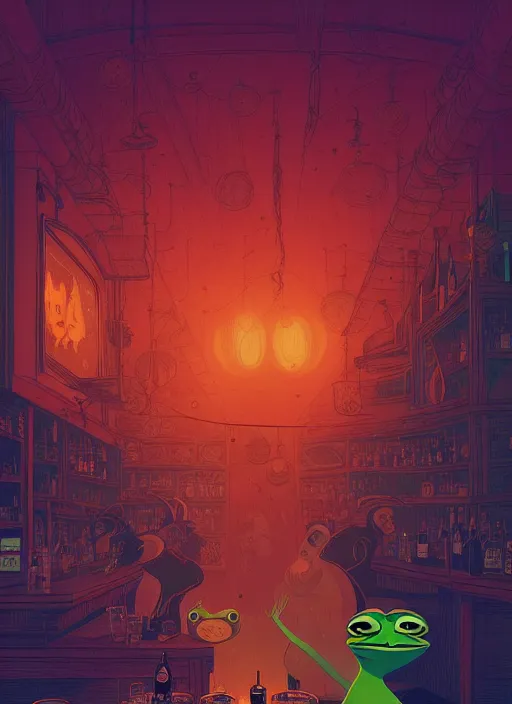 Prompt: sensual beautiful pepe the frog wearing western little black dresses at a bar, epic scene, by victo ngai, kilian eng vibrant colours, dynamic lighting, digital art, winning award masterpiece, fantastically beautiful, illustration, aesthetically inspired by beksinski and dan mumford, trending on artstation, art by greg rutkowski, 8 k