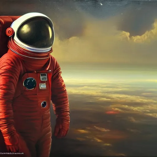 Image similar to among us red astronaut in spaceship painted by zdzisław beksinsk, 4 k, high quality, higly detailed, oil painting