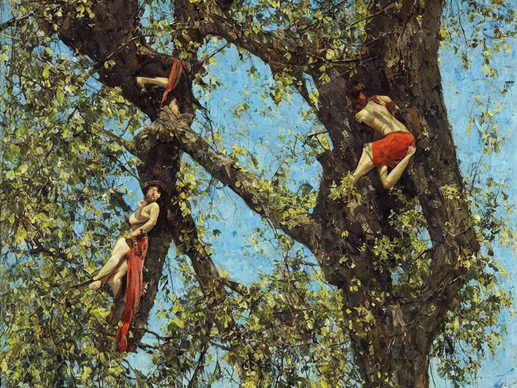 Prompt: single woman climbing a tree, 1 9 6 0, denis sarazhin, oil on canvas