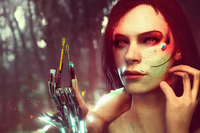 Image similar to Cyborg ​​girl transforming face fangs, syringes, forest, fog, volumetric light, cinematic, style by Cyberpunk 2077