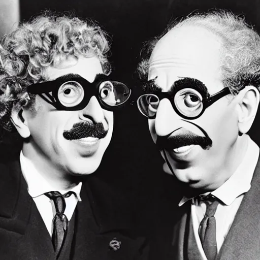 Prompt: harpo marx and groucho marx dines together. harpo marx does not wear a moustache