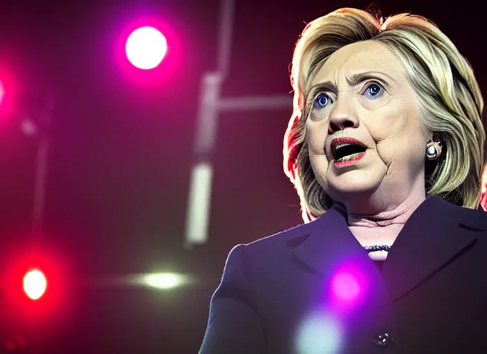 Image similar to publicity photo still of hillary clinton in a death metal band playing live on stage, 8 k, live concert lighting, mid shot