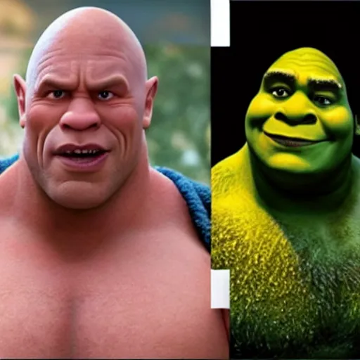 Prompt: Shrek played by the Rock, Dwayne the Johnson had to get fat for this, upcoming film