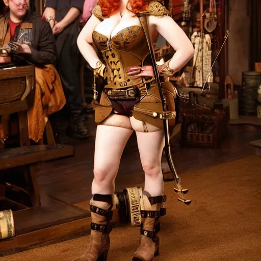 Prompt: full body photo of christina hendricks as a steampunk archer
