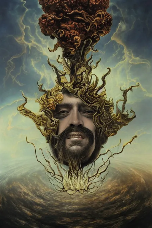 Image similar to Intricate stunning highly detailed Salvador Dali depicted as HammerFall’s lead vocalist, digital painting by agostino arrivabene and Vladimir Kush, surreal, ultra realistic, Horror vacui, dramatic lighting, full moon, thick black swirling smoke tornado, burning fire embers, artstation