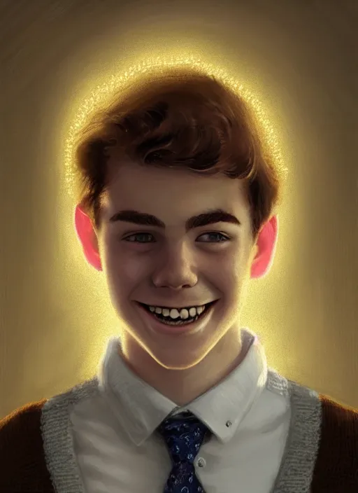 Image similar to portrait of teenage archie andrews, freckles, curly middle part haircut, curly hair, middle part hairstyle, smiling kindly, wearing a bowtie and sweater vest, intricate, elegant, glowing lights, highly detailed, digital painting, artstation, concept art, smooth, sharp focus, illustration, art by wlop, mars ravelo and greg rutkowski