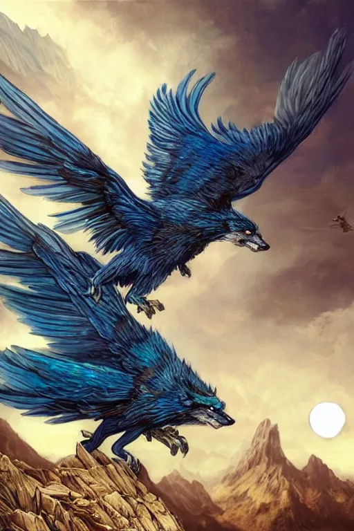 Image similar to blue feathered wolf with wings on a beautiful fantasy landscape, facing front, hills, mountains, moonlit, hd, illustration, epic, d & d, fantasy, intricate, elegant, highly detailed, digital painting, artstation, concept art, smooth, sharp focus, illustration, wallpaper, art by artgerm and greg rutkowski and alphonse mucha and jin xiaodi