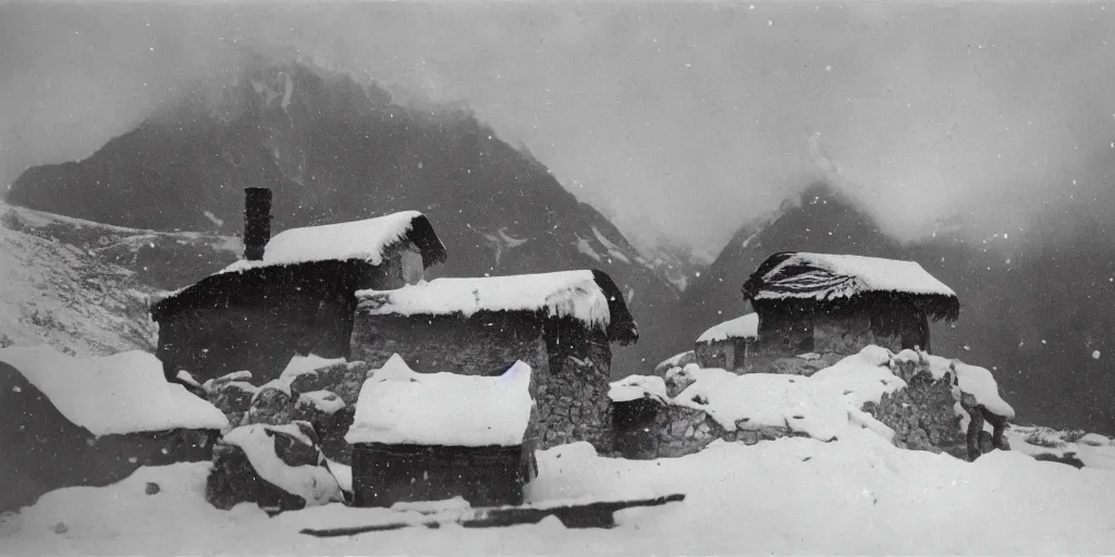 Prompt: 1 9 2 0 s photography of hut in the alps being submerged in snow