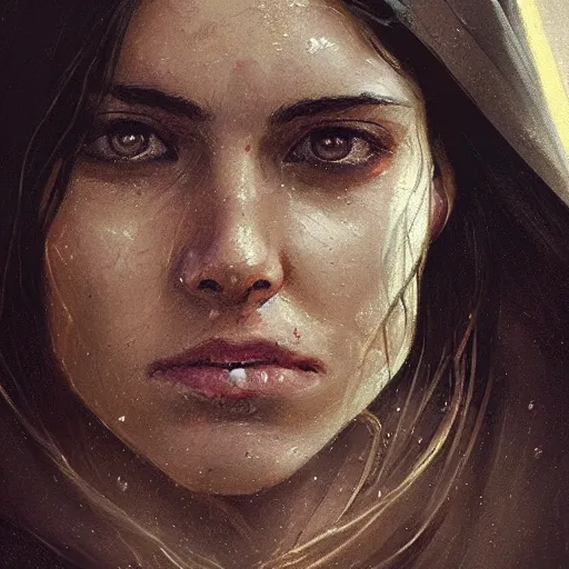 Image similar to portrait of an woman by Greg Rutkowski, she is about 20 years old, pretty, long brown wavy hair, scar near her mouth that makes her look like she's smiling all the time, wearing jedi robes, Star Wars Expanded Universe, highly detailed portrait, digital painting, artstation, concept art, smooth, sharp foccus ilustration, Artstation HQ