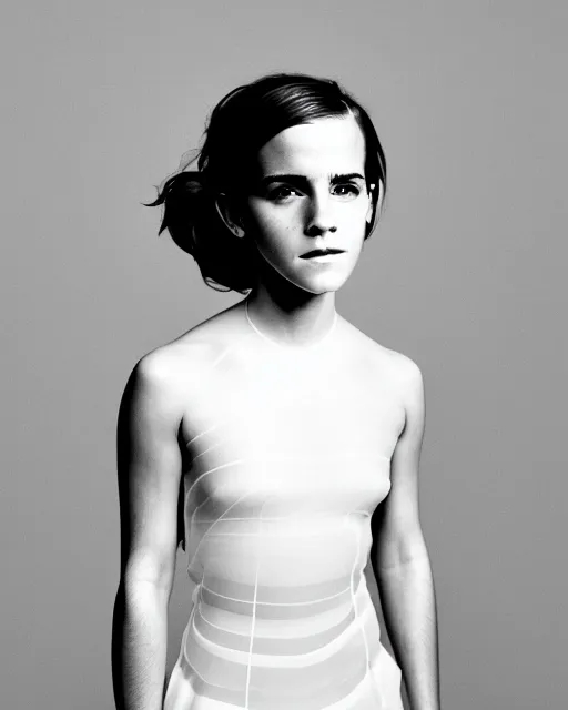 Image similar to symmetrical emma watson portrait cream white background, soft diffused light, bjork aesthetic, translucent, by rineke dijkstra, intricate details, highly detailed, masterpiece,