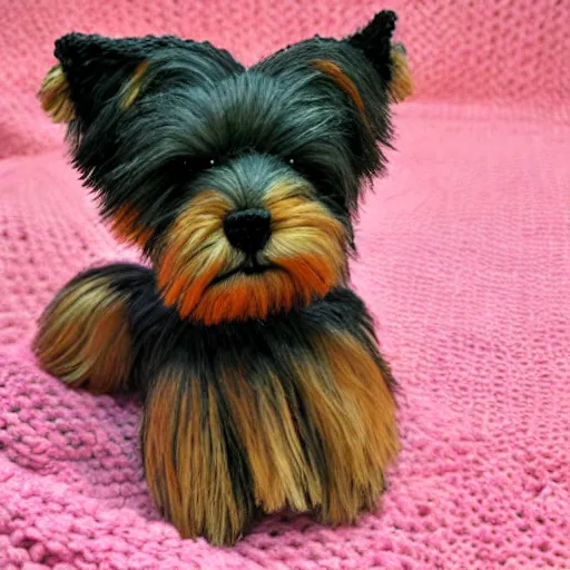 Image similar to a closeup photorealistic sad knitted plush yorkshire terrier