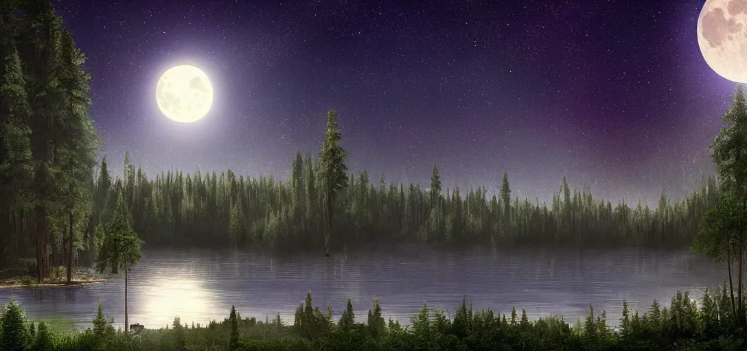 Image similar to full moon shining over a lake, forest in the background, starry night, dynamic glowing lighting, volumetric, bokeh, cinematic, establishing shot, extremly high detail, photo realistic, cinematic lighting, post processed, concept art, artstation, matte painting, style by eddie mendoza, raphael lacoste, alex ross