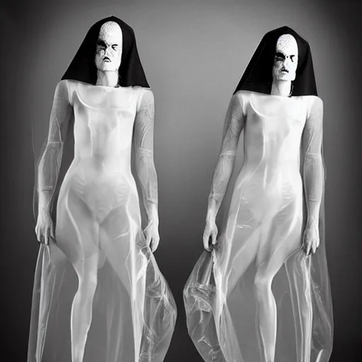 Image similar to award winning photo Floating twins, buxom nuns, wearing translucent habits, see through dress, Very long arms, in a bedroom, eerie, frightening, highly detailed, photorealistic —width 1024 —height 1024