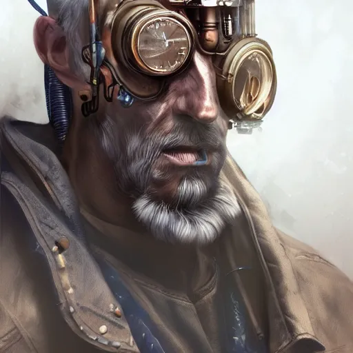 Prompt: Portraif of an old cyborg man, steampunk, artstation, detailed, realistic, digital art