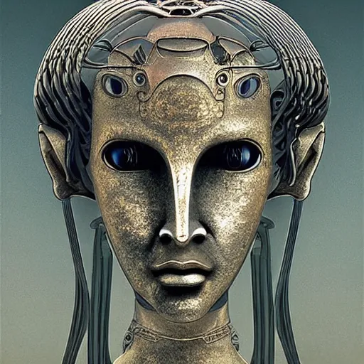 Image similar to female robot pilot, mechanical creature, electronic wires, girl face, dystopian surrealism, alex ries zdzisław beksinski giger, symmetry accurate features, very intricate details, hres, naraka buddhist demon korean female, luminous eyes, smooth marbled surfaces, cinematic smooth ceramic, deep aesthetic, concept art, carved silver texture golden cloth, highly ornate intricate details