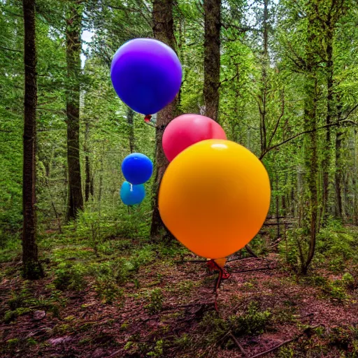 Image similar to An abandoned forest with colorful balloons, Sony a7R IV, symmetric balance, polarizing filter, Photolab, Lightroom, 4K, Dolby Vision, Photography Award