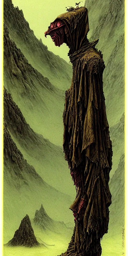 Prompt: A detailed lonley alien sock stands among the mountains. Wearing a ripped mantle, robe. Perfect face, extremely high details, realistic, fantasy art, solo, masterpiece, art by Zdzisław Beksiński, Arthur Rackham, Dariusz Zawadzki