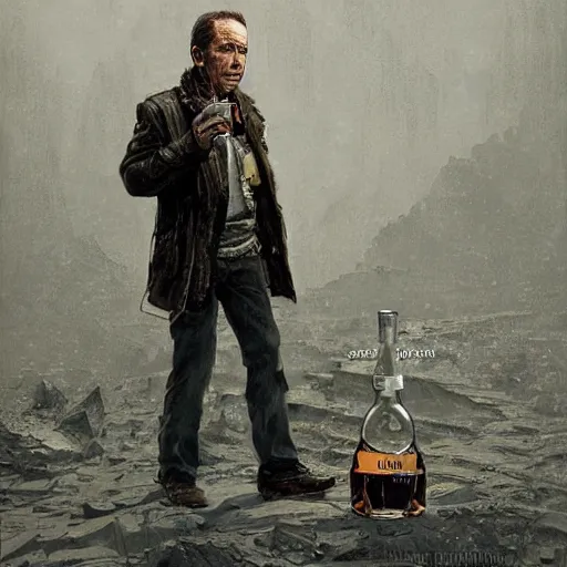 Image similar to a highly detailed epic cinematic concept art CG render digital painting artwork costume design: Humphrey Bogart, old scars, long hair, grizzled, tired, in an old 1950s leather jacket, with a bottle of whisky in hand. By Greg Rutkowski, Ilya Kuvshinov, WLOP, Stanley Artgerm Lau, Ruan Jia and Fenghua Zhong, trending on ArtStation, made in Maya, Blender and Photoshop, octane render, excellent composition, cinematic atmosphere, dynamic dramatic cinematic lighting, aesthetic, very inspirational, arthouse