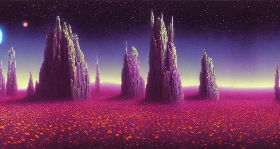 Image similar to a beautiful cinematic view of a large up close 3 d mystical alien shrine in a field of multicolored flowers, underneath a star filled night sky, harold newton, zdzislaw beksinski, donato giancola, warm coloured, gigantic pillars and flowers, maschinen krieger, beeple, star trek, star wars, ilm, atmospheric perspective