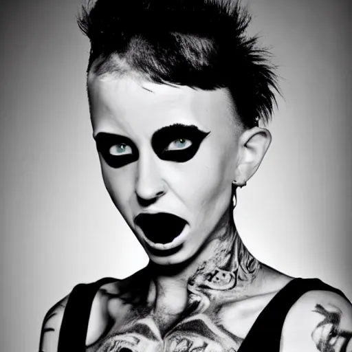 Prompt: photoshoot die antwoord black and white freaky alien