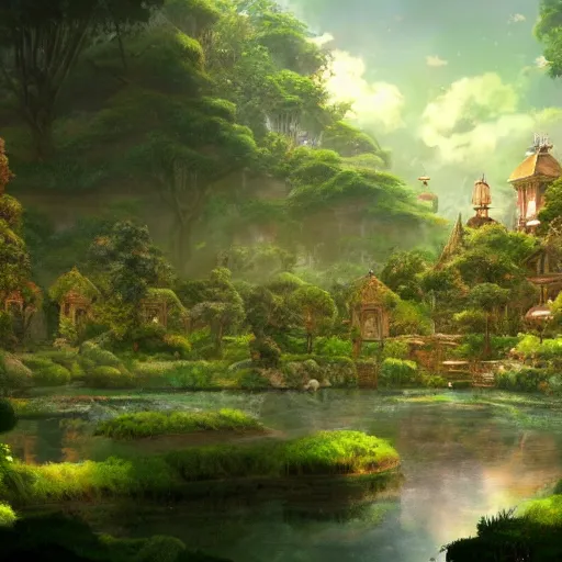 Prompt: an environmental concept art of rivendell by studio ghibli, environmental lighting, cinematic