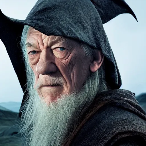 Prompt: profile photo of the evil malicious ian mckellen as gandalf in a dark viking hood playing odin all father from the thor movie, highly detailed, cinematic shot, cinematic lighting, 8 k, exquisit facial detail