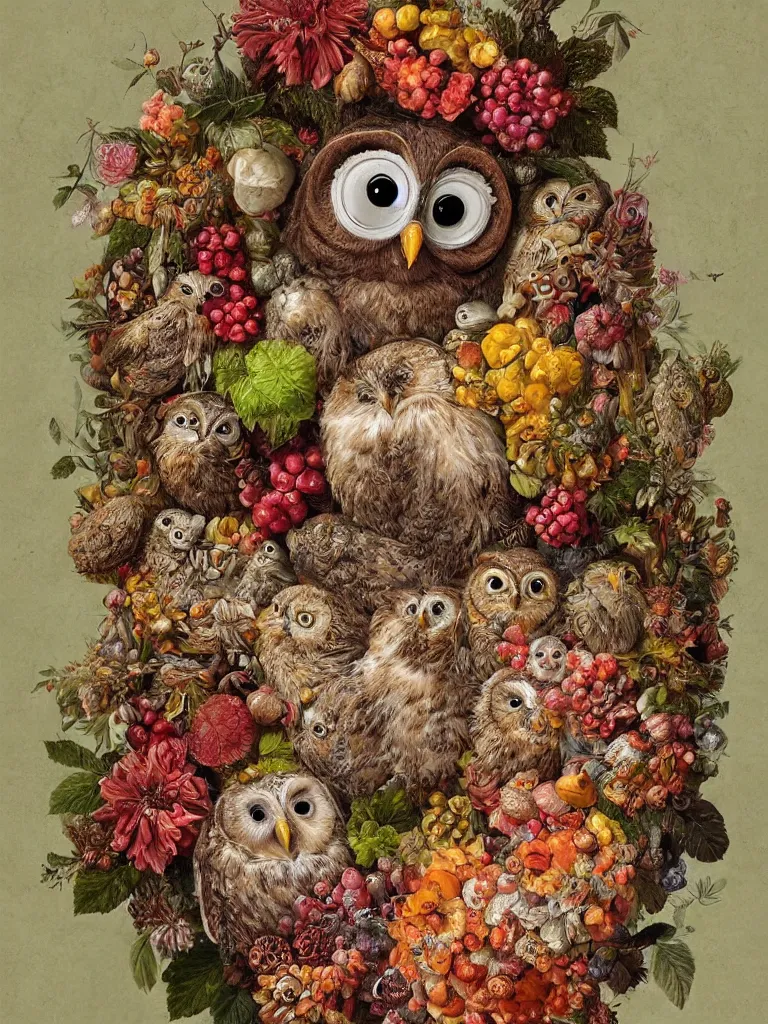 Image similar to Highly detailed cute owl in the style of Guiseppe Arcimboldo, sharp, masterpiece, artstation