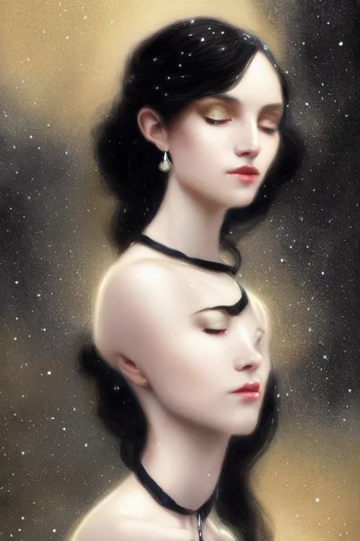 Image similar to Nocturne, glowing, stars, a long-legged elegant sultry woman, long black hair with white tips, pearl choker, highly detailed, mysterious, ethereal, dressed in black velvet, haute couture, illustration, dramatic lighting, soft details, painting, by Edmund Blair Leighton, Brom, Charlie Bowater, trending on artstation, faces by otto schmidt