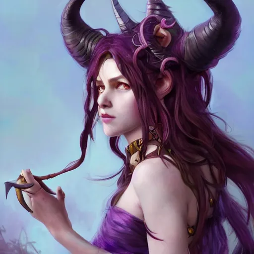 Image similar to cute Whimsical Tiefling Druid with cute horns and long purple hair,silver eyes, light-brown skin, D&D, fantasy, portrait, highly detailed, digital painting, artstation, concept art, sharp focus, illustration, art by greg rutkowski and alphonse mucha