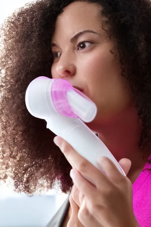 Prompt: Woman Breathing Through a Pink Vapor Inhaler, side view