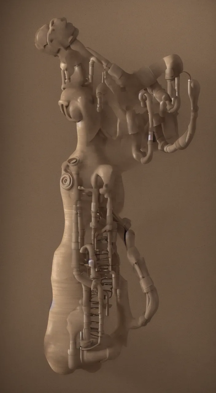 Image similar to a ceramic conn organ , dynamic lighting, amphora, larynx, oesophagus, vocal tract model, pipes, octane, 8k