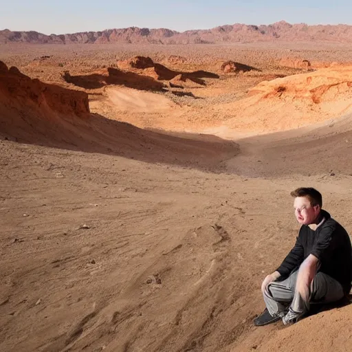 Prompt: elon musk as a hooded traveler in the desert