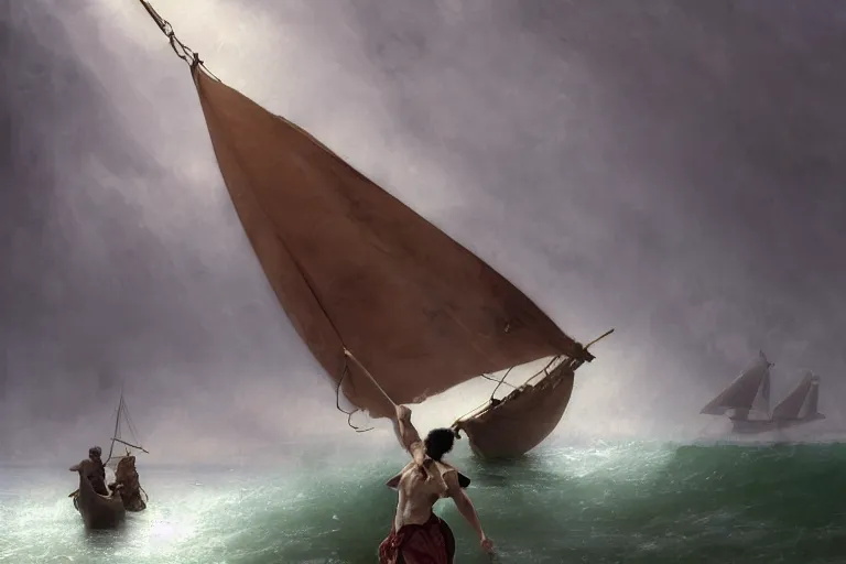 Image similar to ancient historically accurate depiction of Bible Character walking on water during a storm, a small fishing sailboat with scared sailors on board, dramatic lighting by frank miller, illustration by Ruan Jia and Mandy Jurgens and William-Adolphe Bouguereau, Artgerm, 4k, digital art, surreal, space dandy style, highly detailed, godsend, artstation, digital painting, concept art, smooth, sharp focus, illustration by Ruan Jia and Mandy Jurgens and William-Adolphe Bouguereau, Artgerm