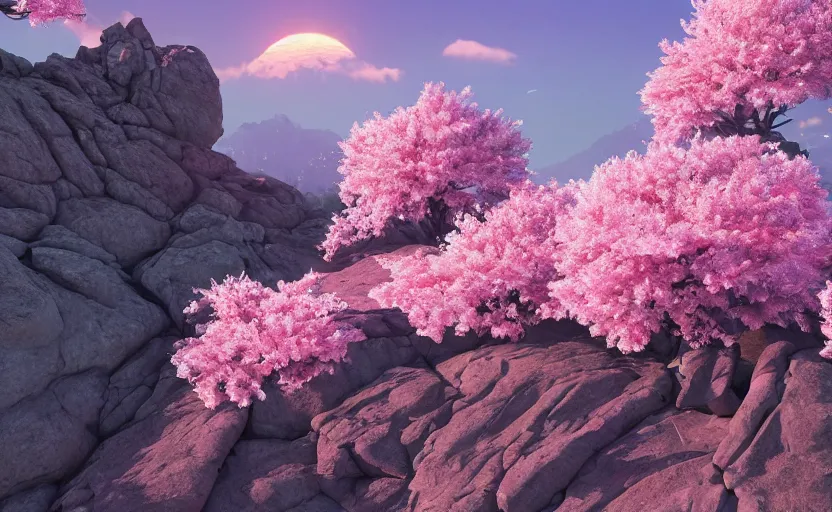 Prompt: cherry blossoms in the rocky hills, Low level, rendered by Beeple, Makoto Shinkai, syd meade, simon stålenhag, synthwave style, digital art, unreal engine, WLOP, trending on artstation, 4K UHD image, octane render,