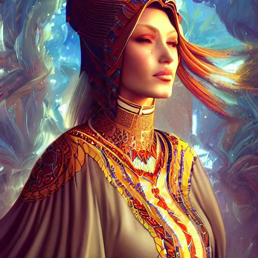 Prompt: a beautiful woman wearing algerian kaftan full body by alex gray and android jones , Karol Bak, Ayami Kojima, Amano , concept art, character design, fantasy,3D, 8k resolution