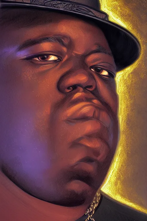 Image similar to portrait of notorious big with hat, staring directly into camera, intricate, elegant, glowing lights, highly detailed, digital painting, artstation, sharp focus, illustration, art by wlop, mars ravelo and greg rutkowski