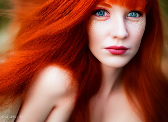 Image similar to 5 5 mm portrait photo of a redhead woman's face with ( intricate cat eyes )!!. highly detailed 8 k. intricate. lifelike. soft light. nikon d 8 5 0. cinematic post - processing