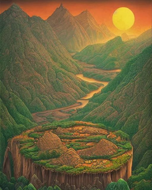 Image similar to mountaintop river flat illustration by jacek yerka trending on artstation